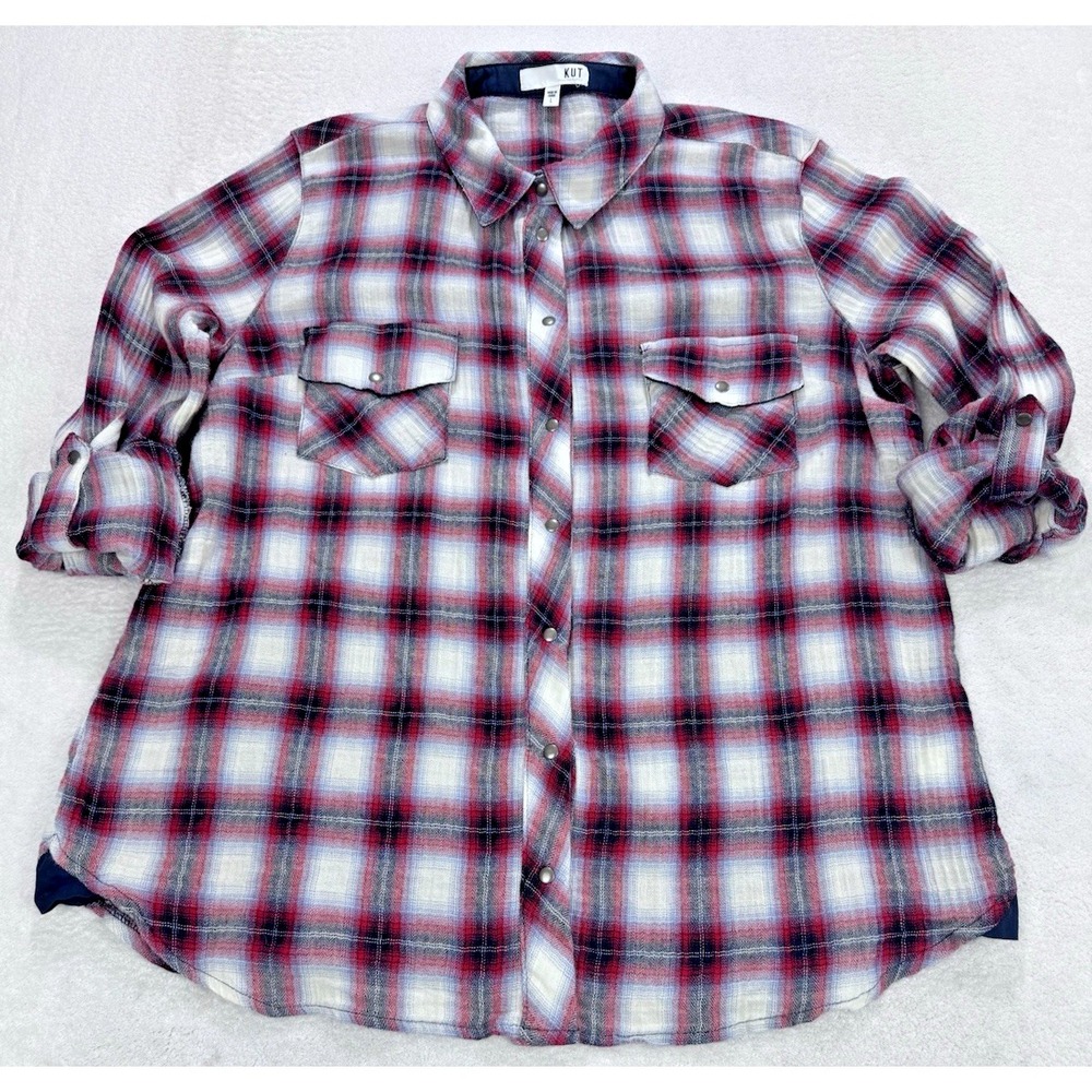 Kut from Kloth Shirt Women L Snap up Western Lightweight‎ Plaid Red White Blue